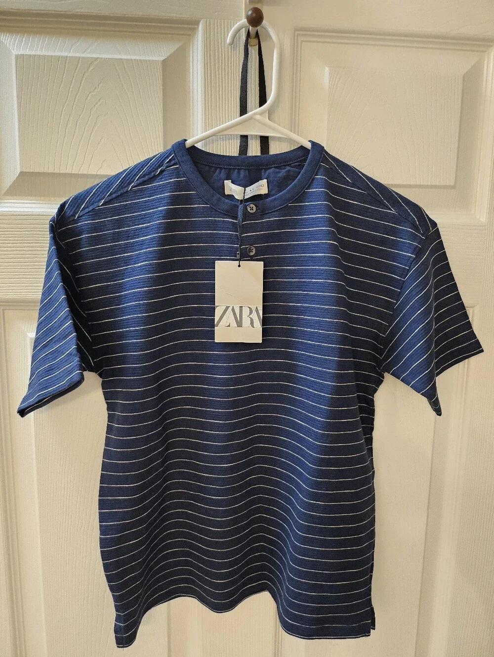 Zara Navy and White Striped Short-Sleeve Henley